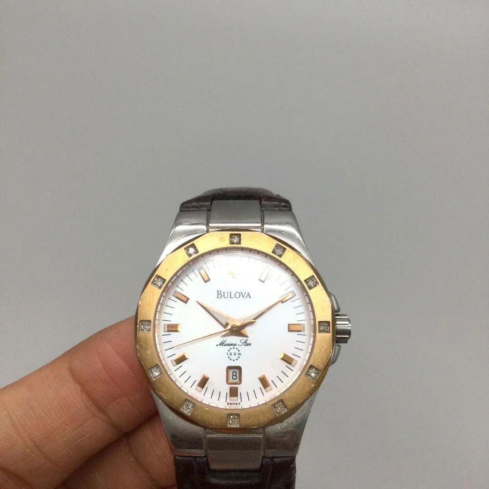Bulova Marine Star Womens Watch 30mm Brown Leather 98R93 NOT RUNNING FOR PARTS